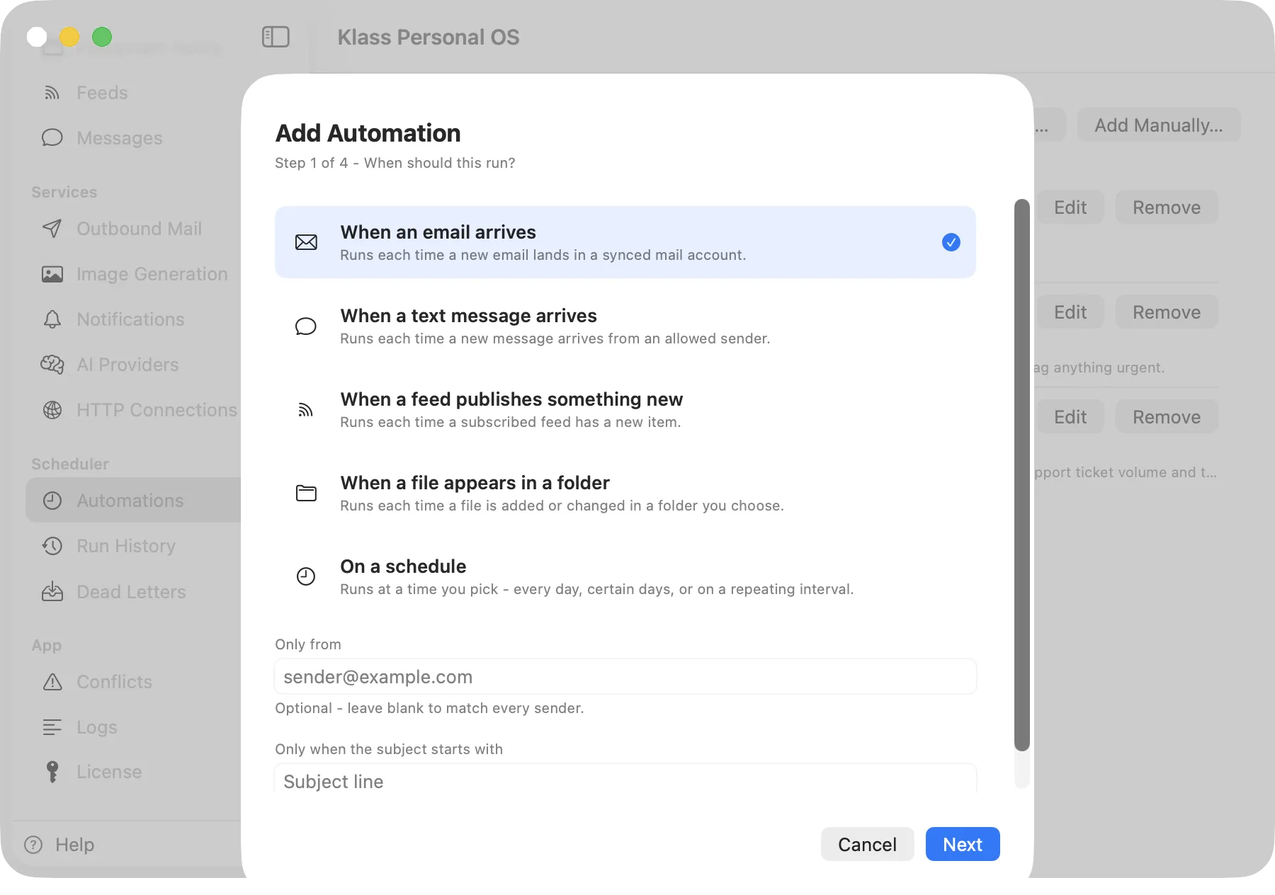 Klass Personal OS Add Automation wizard, trigger step, with "When an email arrives" selected