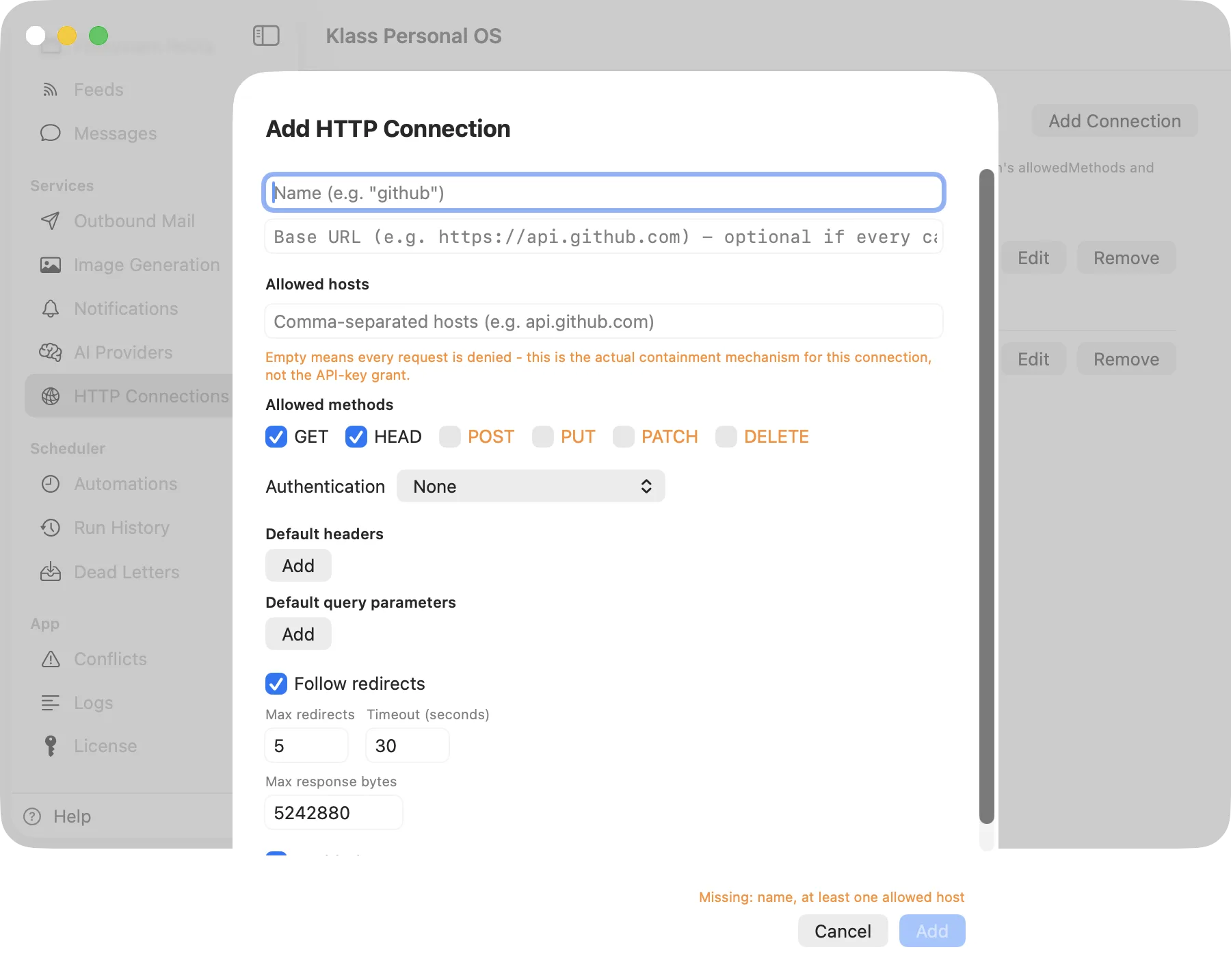 Klass Personal OS Add HTTP Connection sheet with no hosts allowed yet and a warning that hosts are denied by default