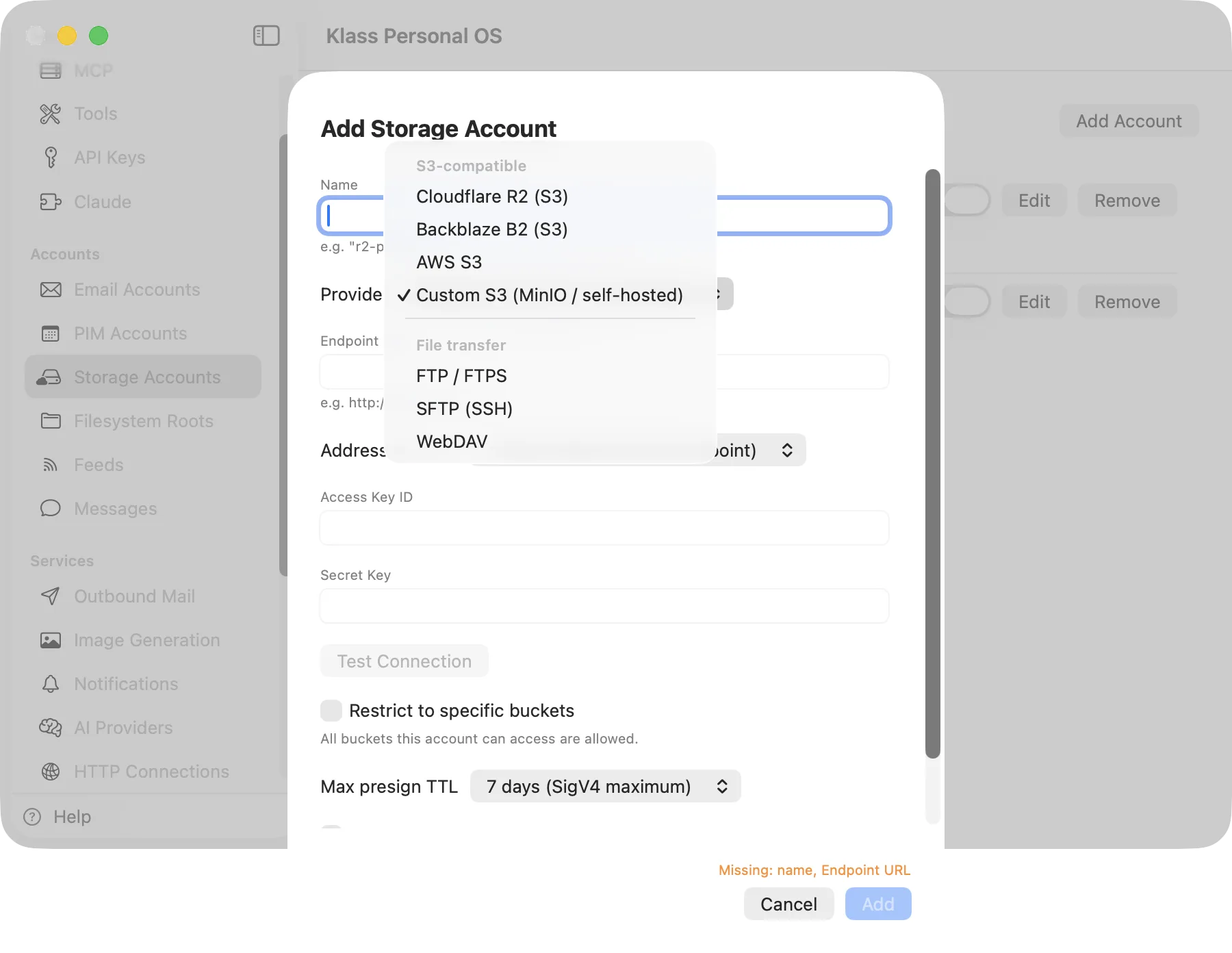 Klass Personal OS Add Storage Account sheet with the provider dropdown open, showing S3-compatible and file-transfer options