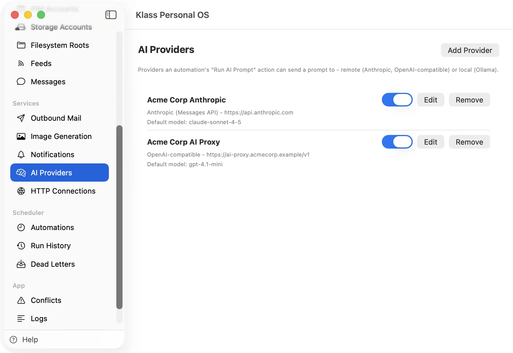 Klass Personal OS AI Providers screen listing an Anthropic account and an OpenAI-compatible proxy