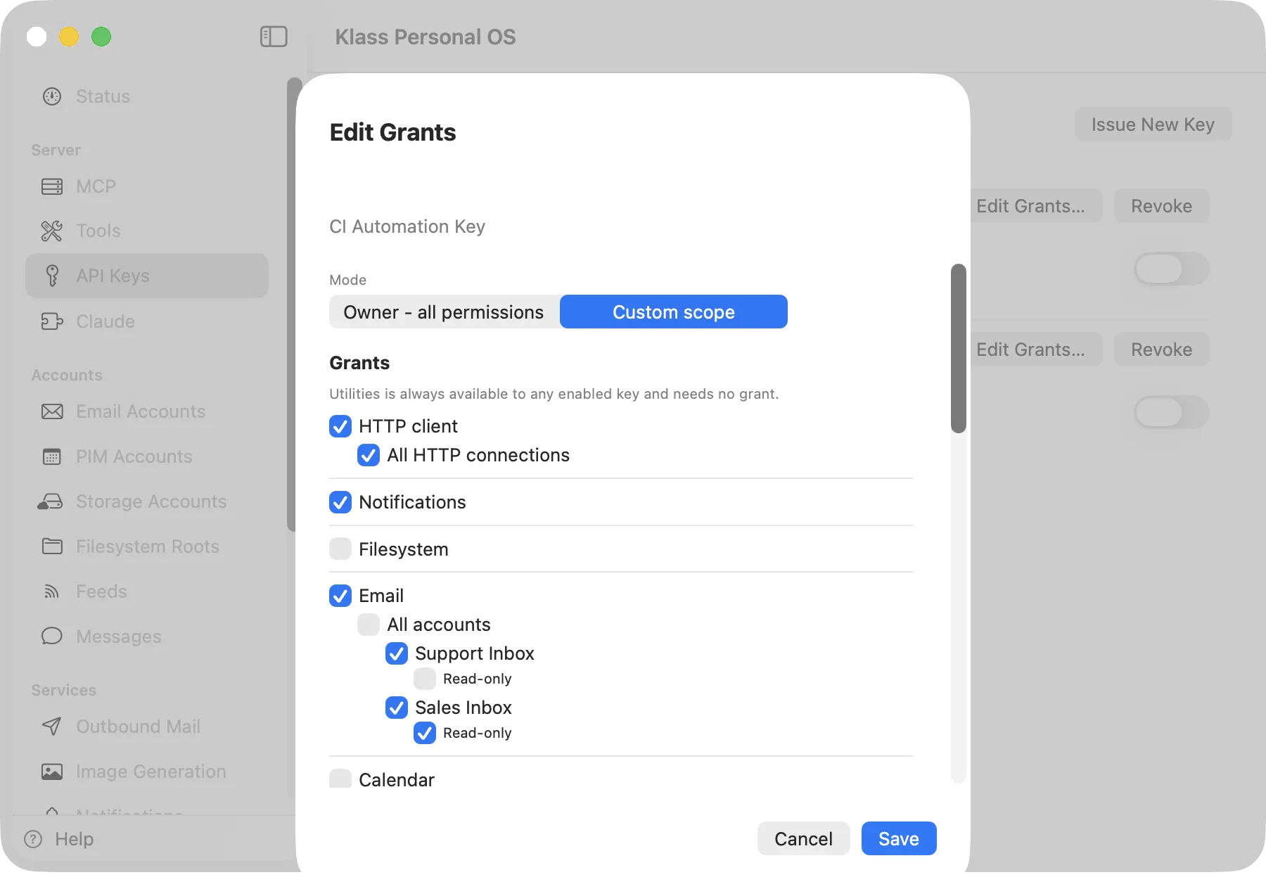 Klass Personal OS Edit Grants sheet with Custom scope selected, showing per-domain grants down to individual mail folders