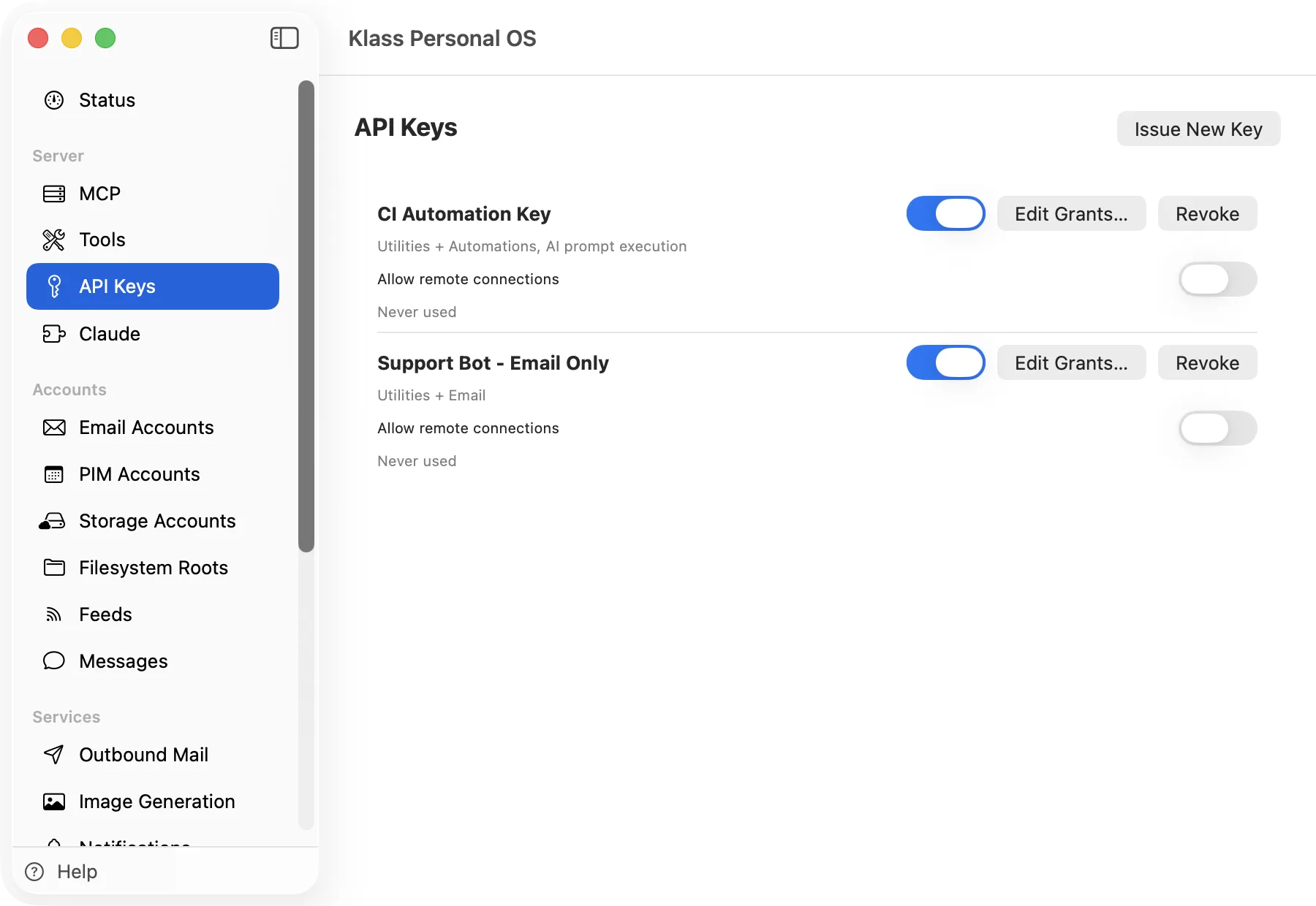 Klass Personal OS API Keys screen listing two scoped keys with their grant summaries
