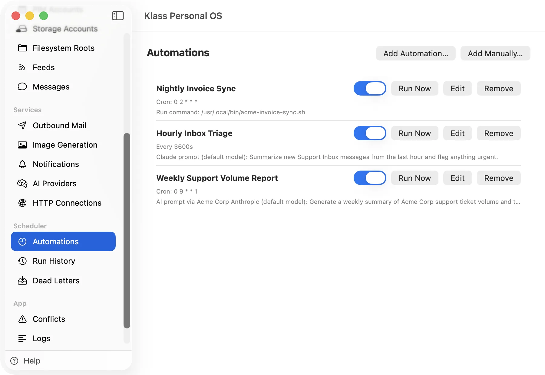 Klass Personal OS Automations screen listing three scheduled jobs, each with its trigger, what it runs, and when it last ran