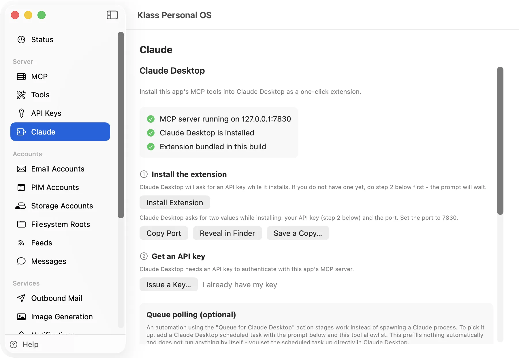 Klass Personal OS Claude Desktop screen with a green checklist and an Install Extension button