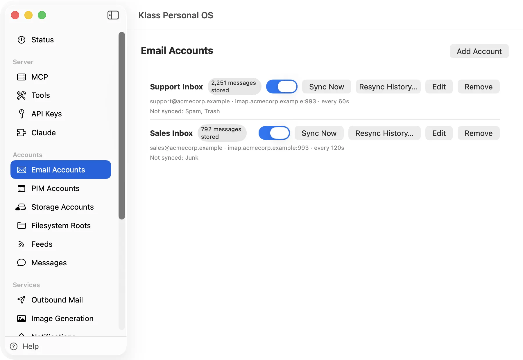 Klass Personal OS Email Accounts screen listing two IMAP inboxes with message counts, sync interval, and excluded folders
