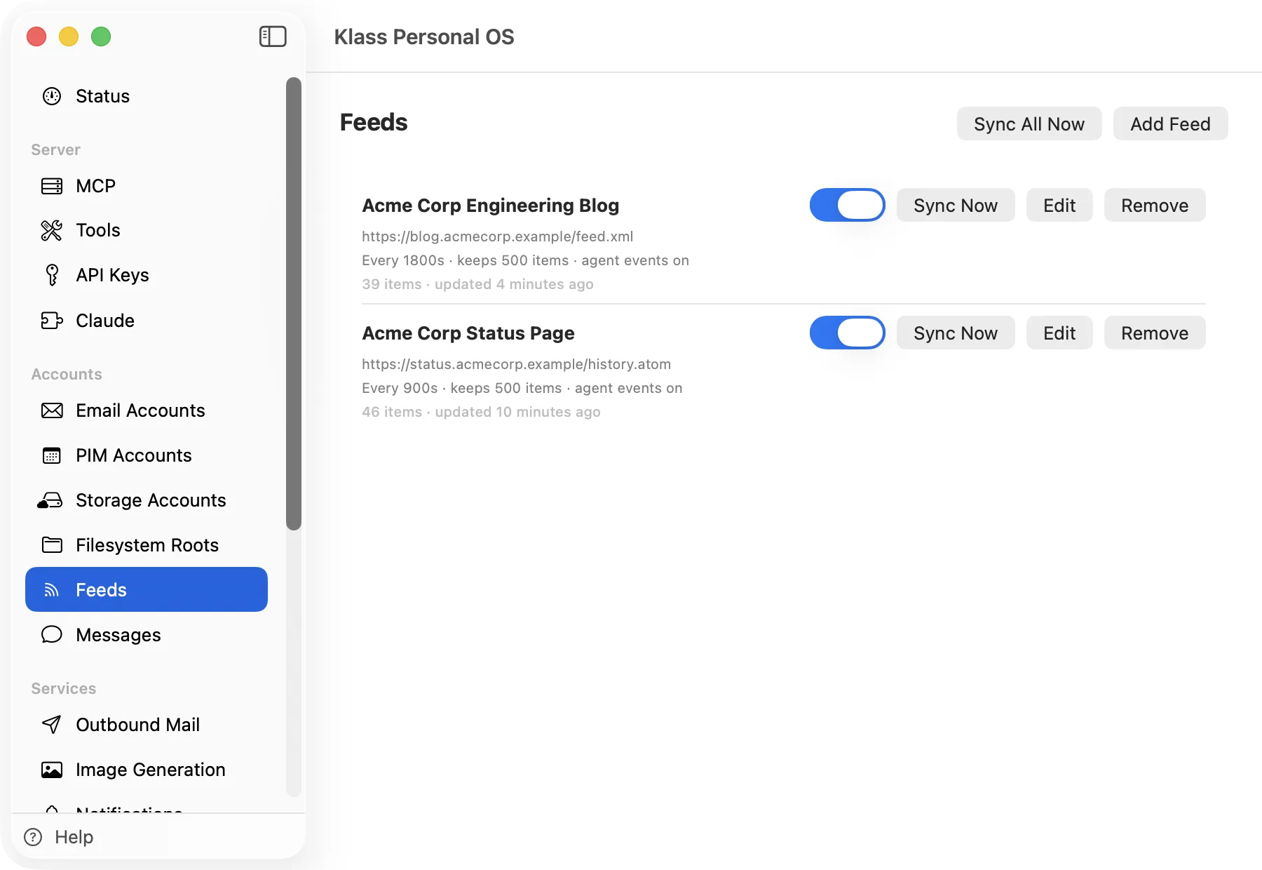 Klass Personal OS Feeds screen listing two RSS feeds with item counts and poll intervals