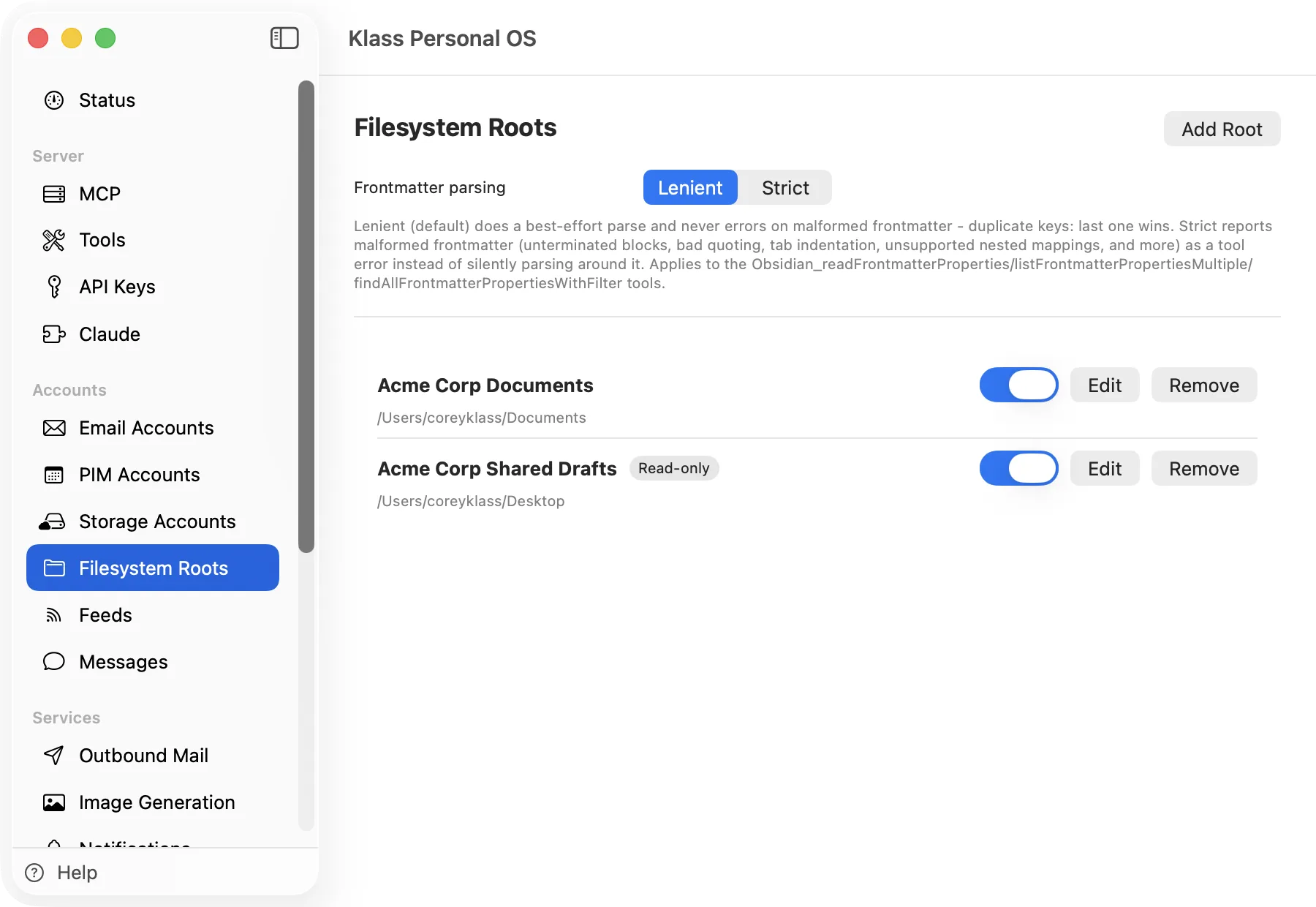 Klass Personal OS Filesystem Roots screen listing two named folders, one of them marked read-only