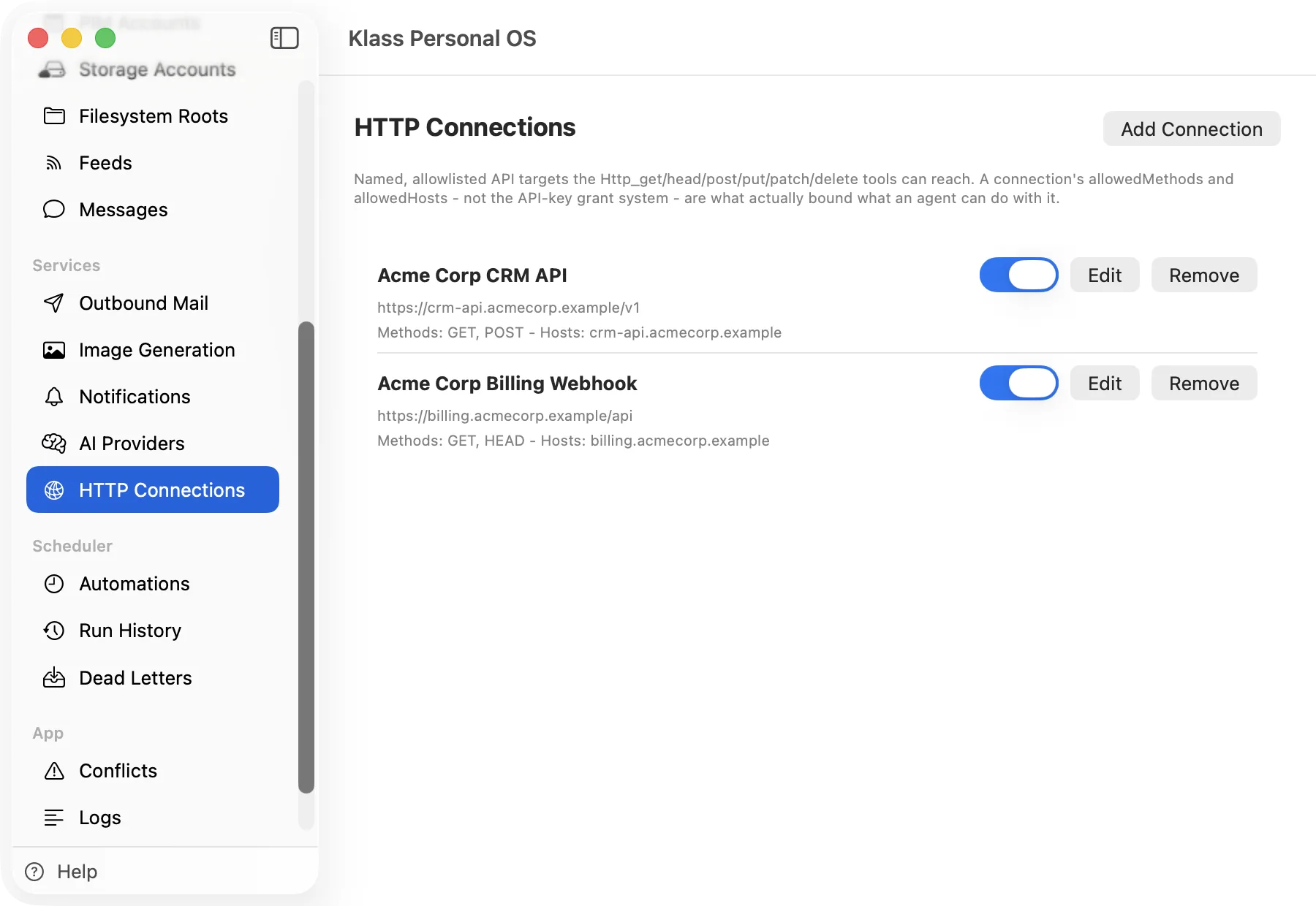 Klass Personal OS HTTP Connections screen listing two scoped connection profiles