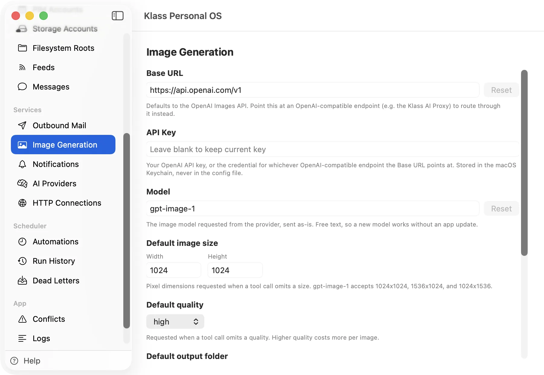 Klass Personal OS Image Generation screen configured against an OpenAI-compatible endpoint
