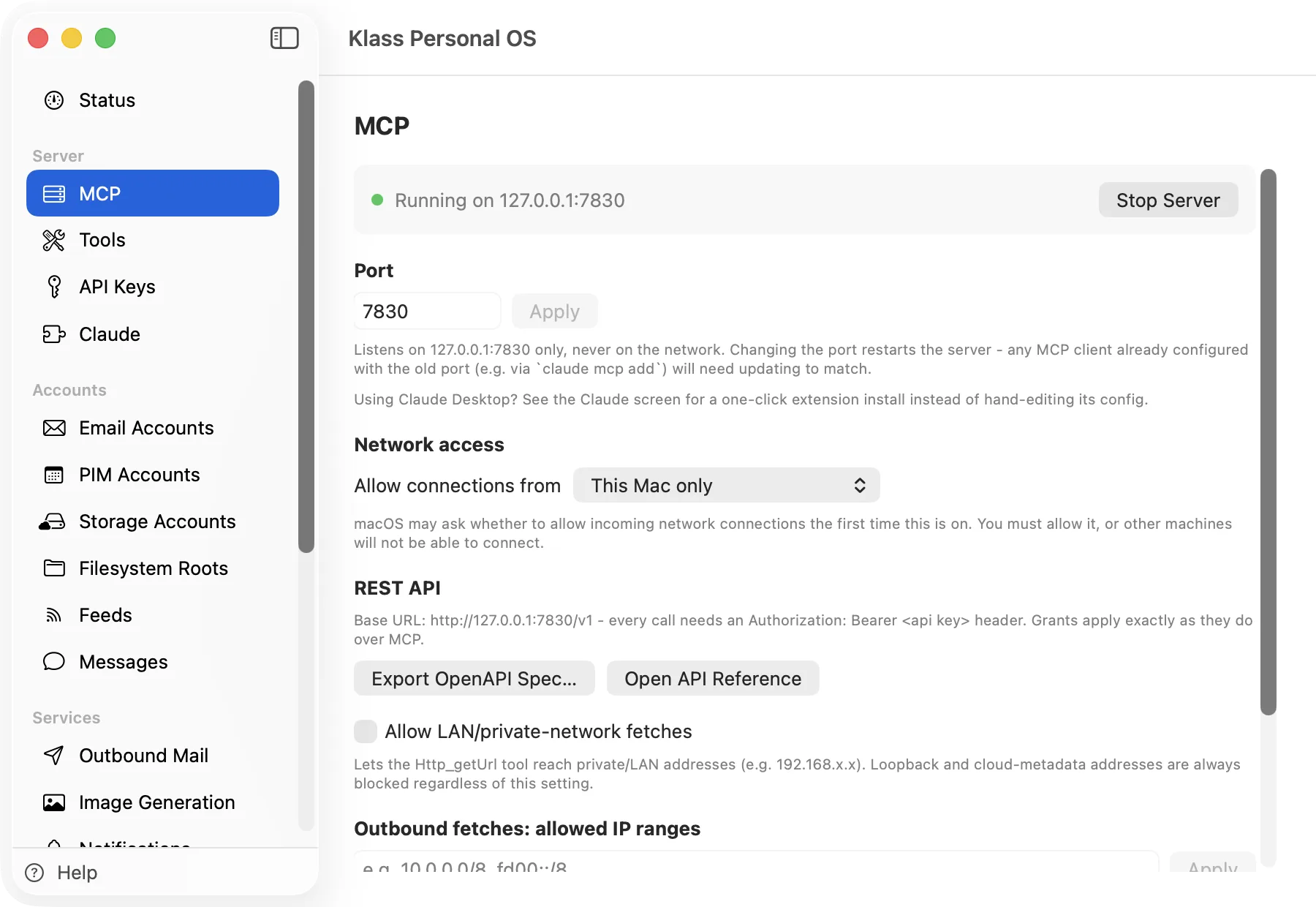 Klass Personal OS MCP server screen showing it bound to 127.0.0.1 only