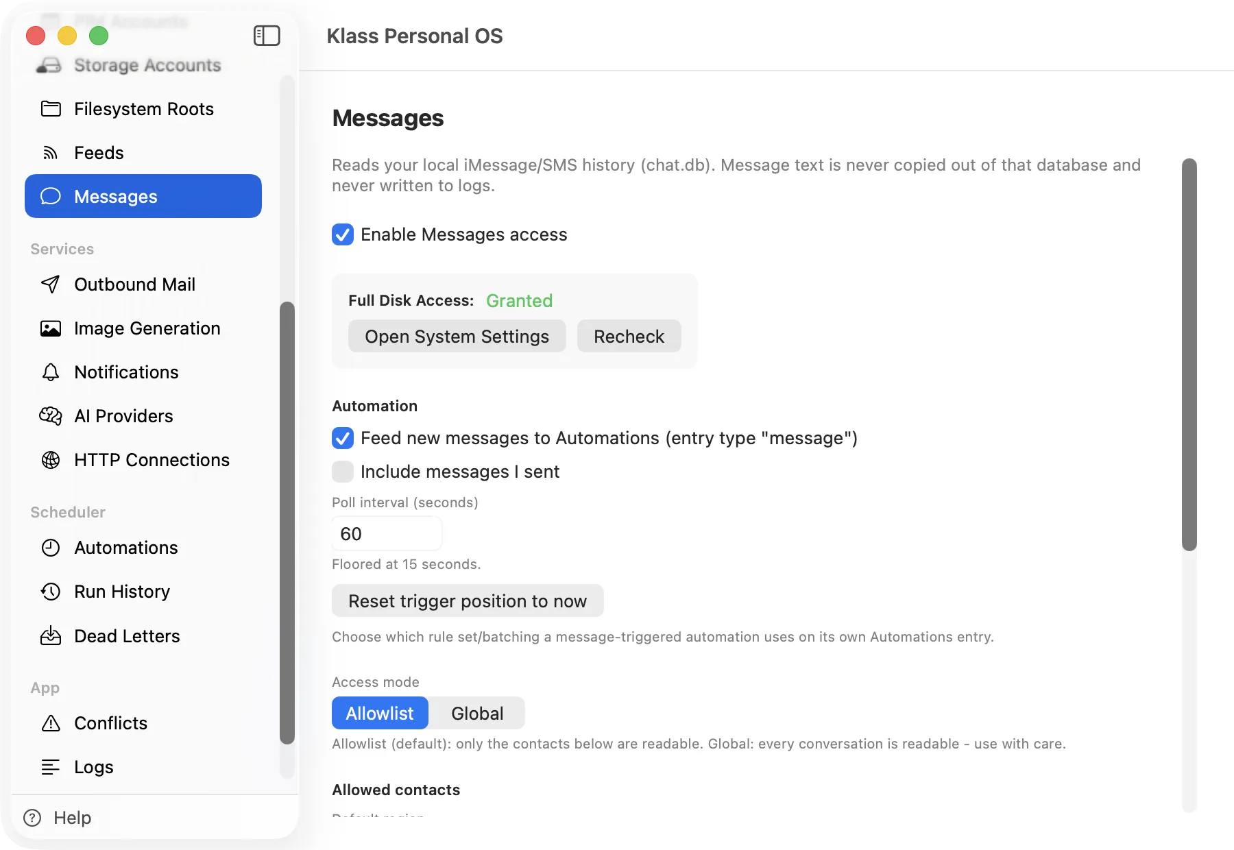 Klass Personal OS Messages screen with Full Disk Access granted and allowlist mode selected