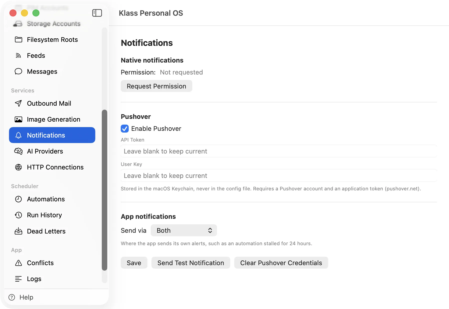 Klass Personal OS Notifications screen with native notifications and Pushover options