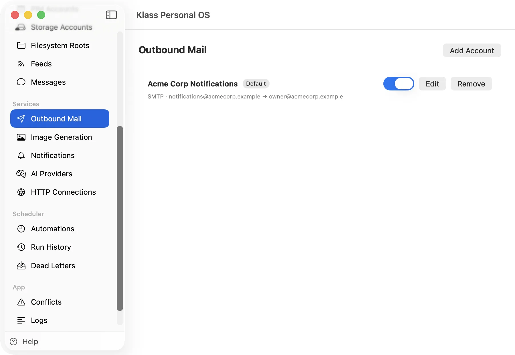 Klass Personal OS Outbound Mail screen with one default SMTP account configured
