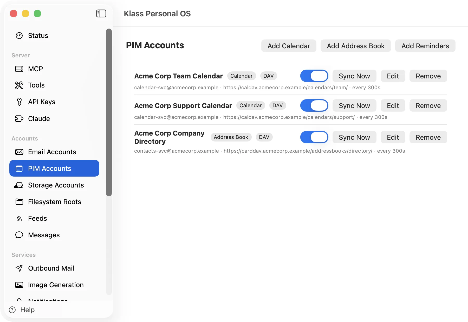 Klass Personal OS PIM Accounts screen listing two calendars and an address book, all over DAV