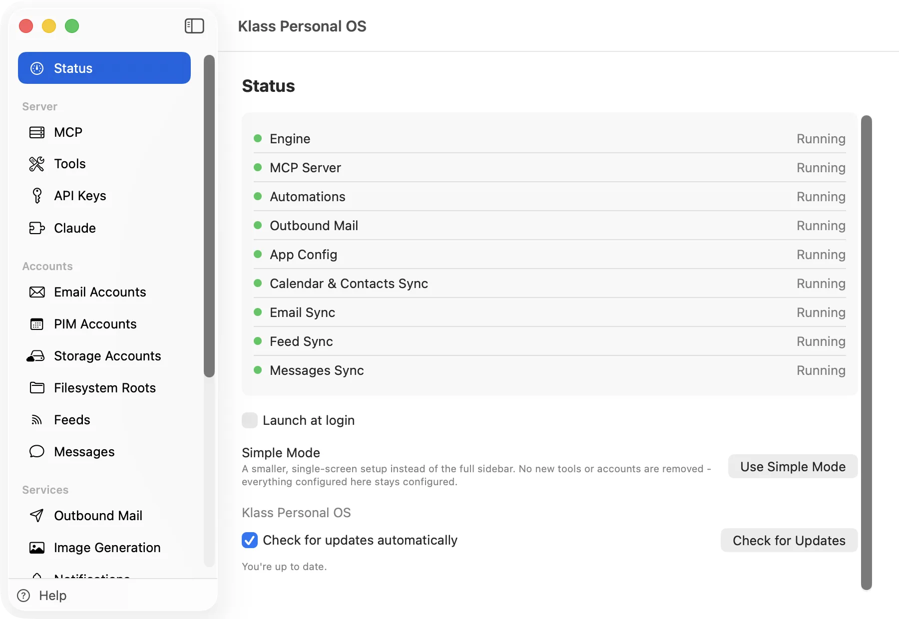 Klass Personal OS advanced Status screen listing every running service