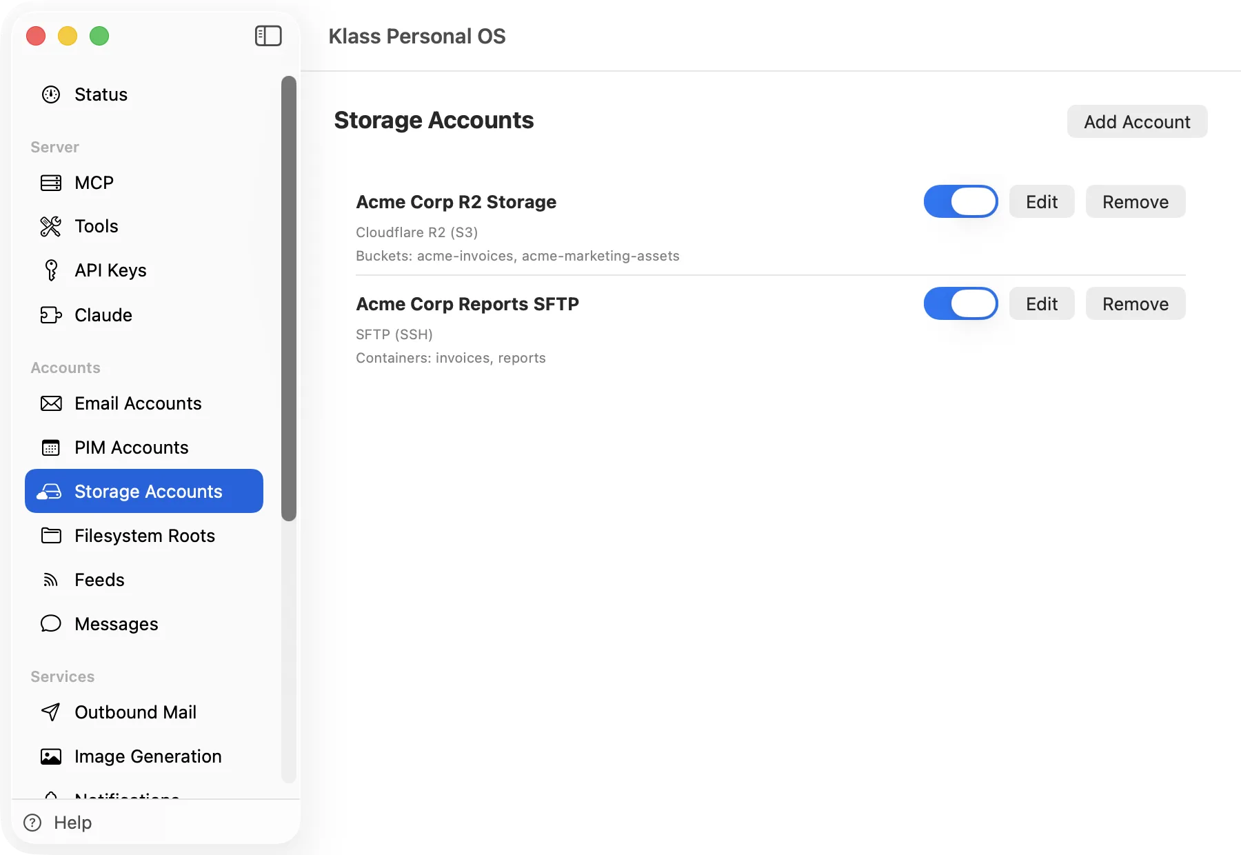 Klass Personal OS Storage Accounts screen listing a Cloudflare R2 account and an SFTP account