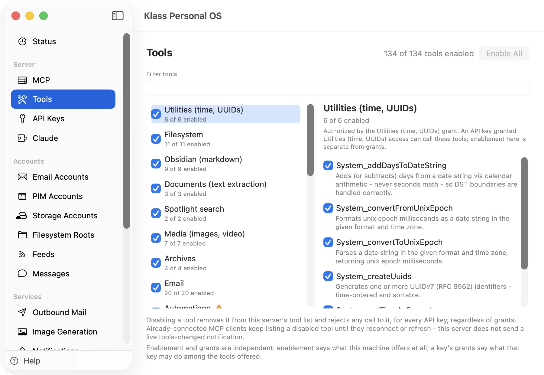 Klass Personal OS Tools screen listing every tool with a per-tool enable switch