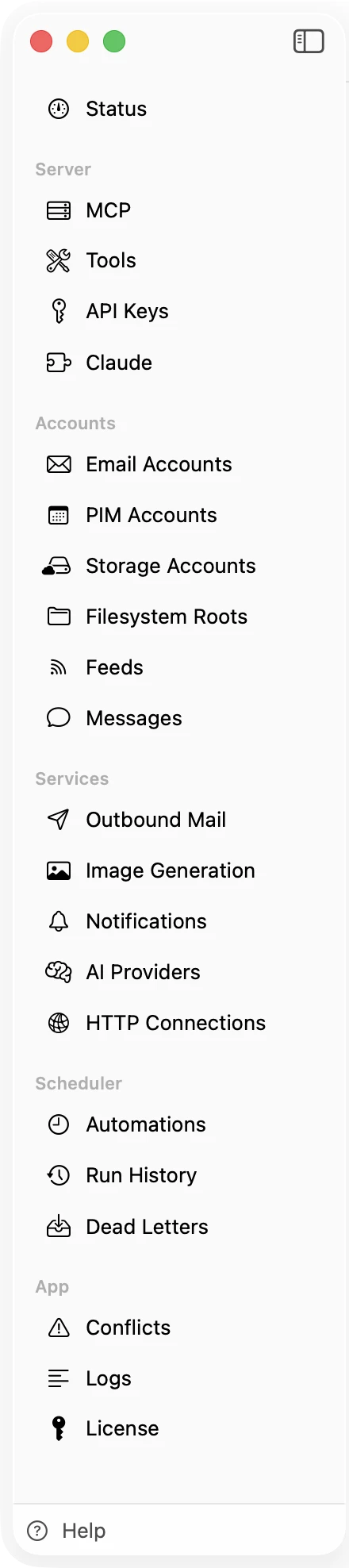 Klass Personal OS settings sidebar, showing Server, Accounts, Services, Scheduler, and App sections all in one window